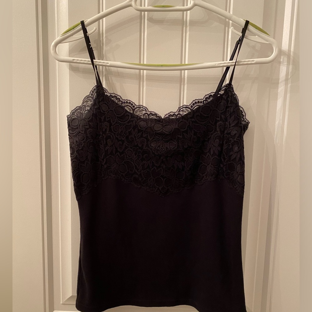 Size Medium Black Ribbed Cotton and Black Lace Around Neck Line